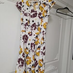 Floral Print Linen Summer Dress in White, Mustard & Black